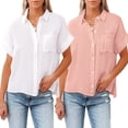 thumbnail image 1 of Womens Short Sleeve Shirts V Neck Collared Button Down Shirt Tops with Pockets - White+pink, 1 of 6