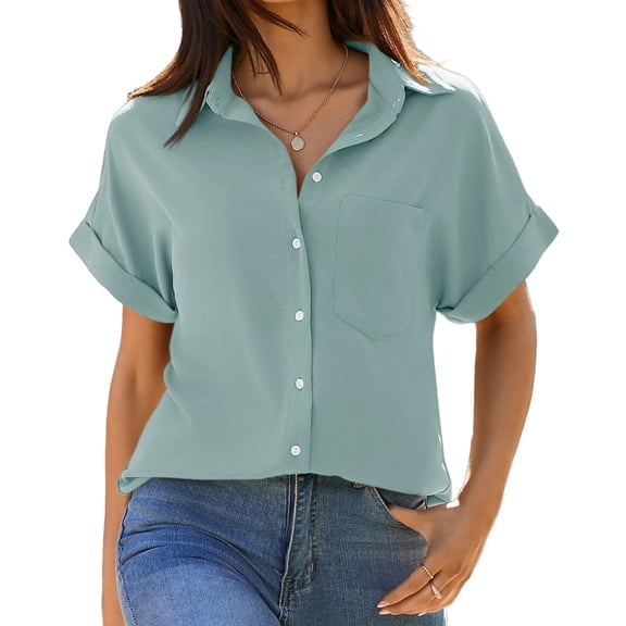Womens Short Sleeve Shirts V Neck Collared Button Down Shirt Tops with Pockets
