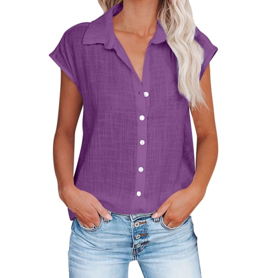 Womens Short Sleeve Shirts V Neck Collared Button Down Shirt Tops with Pockets
