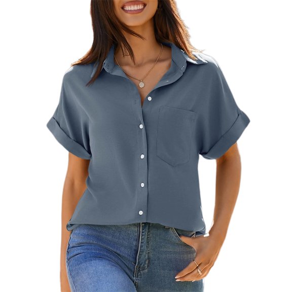 Womens Short Sleeve Shirts V Neck Collared Button Down Shirt Tops with Pockets