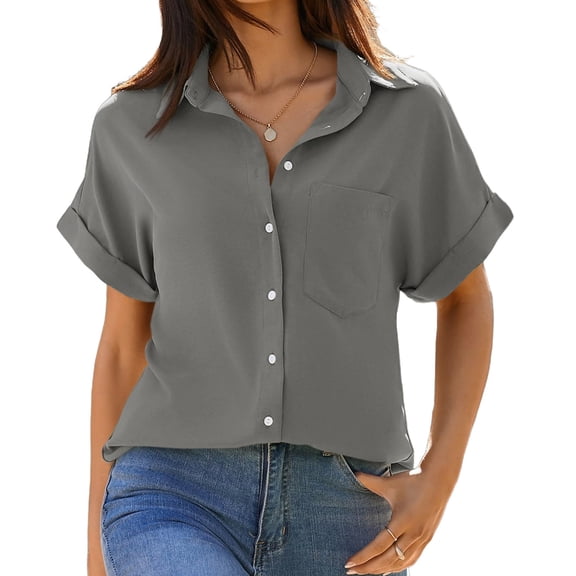 Womens Short Sleeve Shirts V Neck Collared Button Down Shirt Tops with Pockets