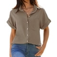 thumbnail image 1 of Womens Short Sleeve Shirts V Neck Collared Button Down Shirt Tops with Pockets, 1 of 6