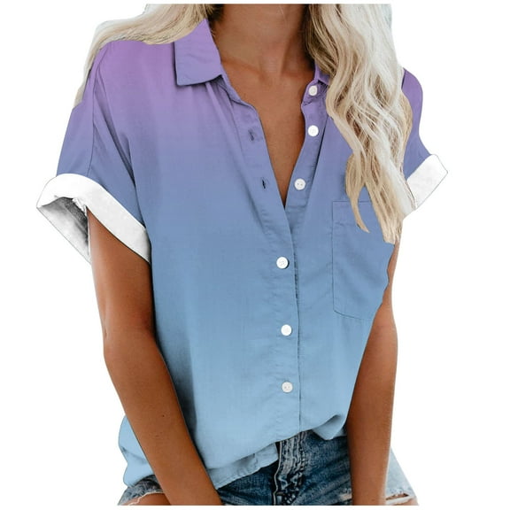 Womens Short Sleeve Shirts V Neck Collared Button Down Shirt Tops with Pockets
