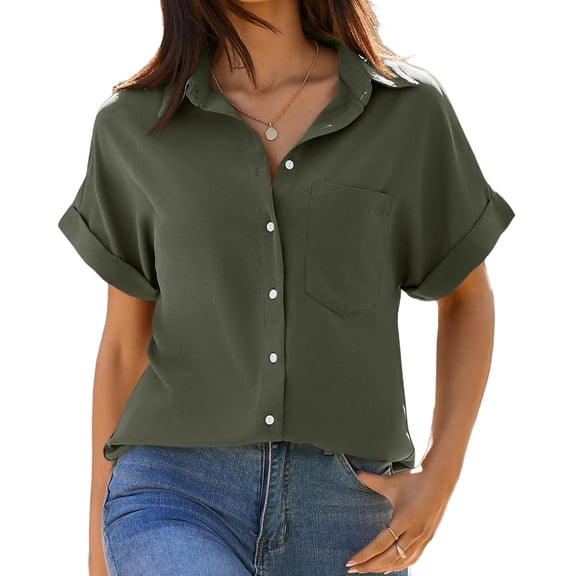 Womens Short Sleeve Shirts V Neck Collared Button Down Shirt Tops with Pockets