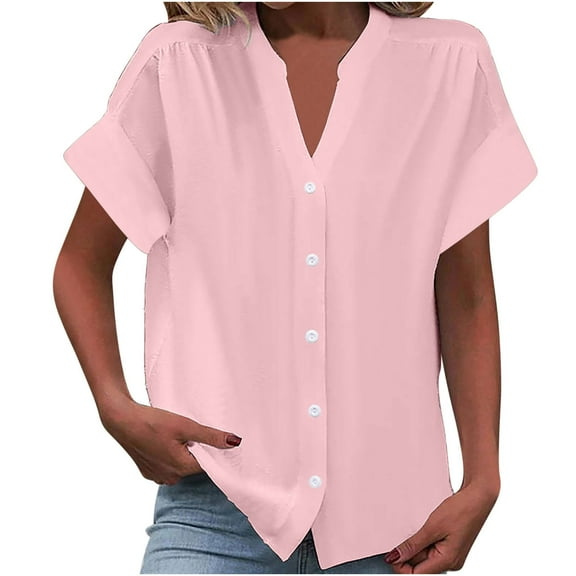 Womens Short Sleeve Shirts V Neck Collared Button Down Shirt Tops with Pockets
