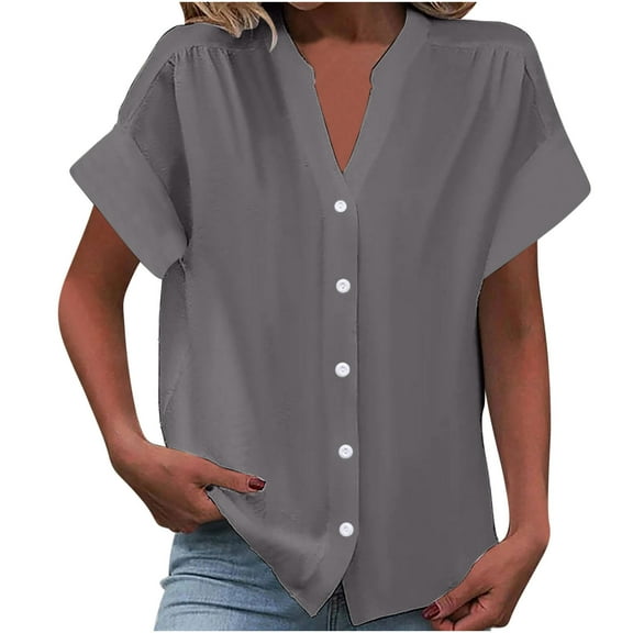Womens Short Sleeve Shirts V Neck Collared Button Down Shirt Tops with Pockets
