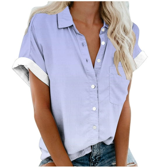Womens Short Sleeve Shirts V Neck Collared Button Down Shirt Tops with Pockets