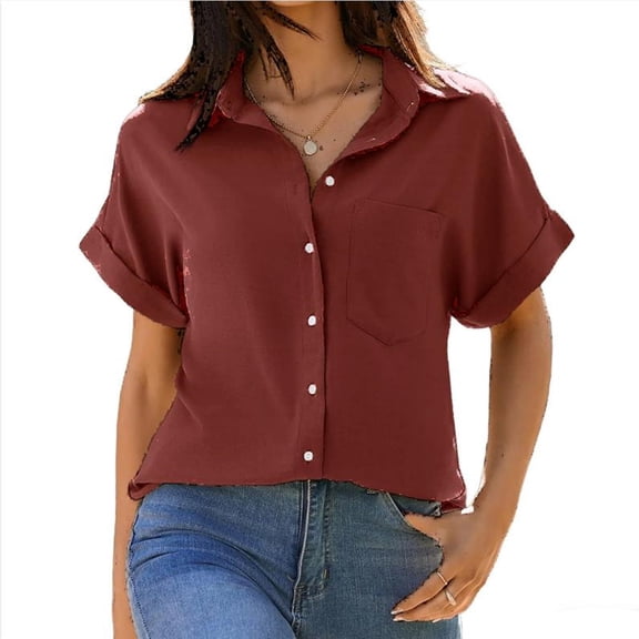 Womens Short Sleeve Shirts V Neck Collared Button Down Shirt Tops with Pockets