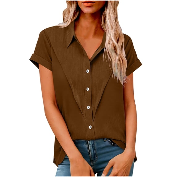 Womens Short Sleeve Shirts V Neck Collared Button Down Solid Color Casual Loose Fit Shirt Tops Coffee