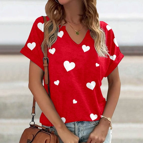 Womens Short Sleeve Shirts V-Neck Y2K Summer Tops Love Heart Print Spring Tee