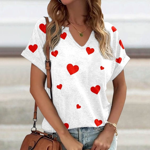Womens Short Sleeve Shirts V-Neck Y2K Summer Tops Love Heart Print Spring Tee