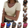 thumbnail image 1 of Womens Short Sleeve Shirts, Womens' Stretchy V-Neck Solid Color Short Sleeve Gym Workout Slim Fitted Casual Full Length Top T-Shirt, Size S-2XL, 1 of 6