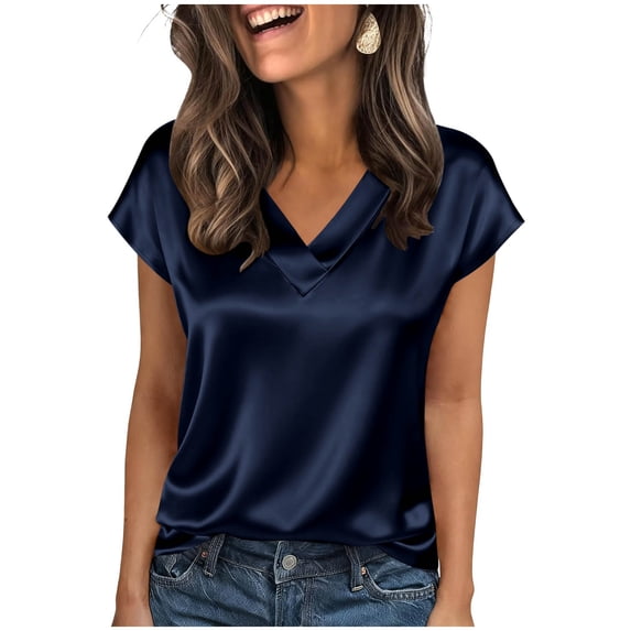 Womens Short Sleeve Shirts for Summer New Women's Fashion Solid Color Leisure Summer T-Shirt V-Neck Leisure Tops Satin Shirts Style B-61 Navy XL