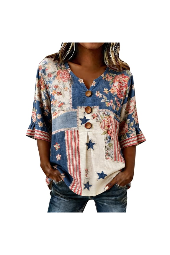 Womens Short Sleeve Shirts for Women Patriotic Notch V Neck 3/4 Sleeve Star Flag Print Peplum Blouse 250th Anniversary Usa Summer Shirt Beige 3XL