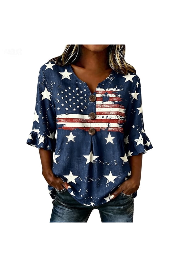 Womens Short Sleeve Shirts for Women Patriotic Notch V Neck 3/4 Sleeve Star Flag Print Peplum Blouse 250th Anniversary Usa Summer Shirt Blue L