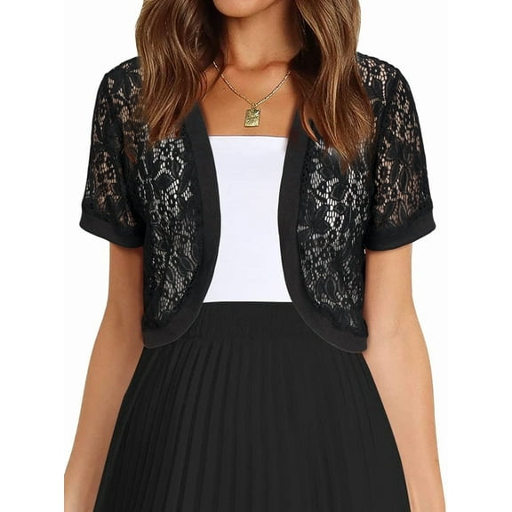 Womens Short Sleeve Shrug Open Front Floral Lace Summer Sheer Cropped Cardigan Black M