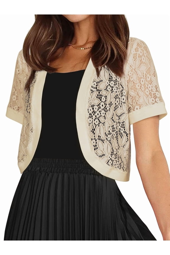 Womens Short Sleeve Shrug Open Front Floral Lace Summer Sheer Cropped Cardigan Light Yellow L