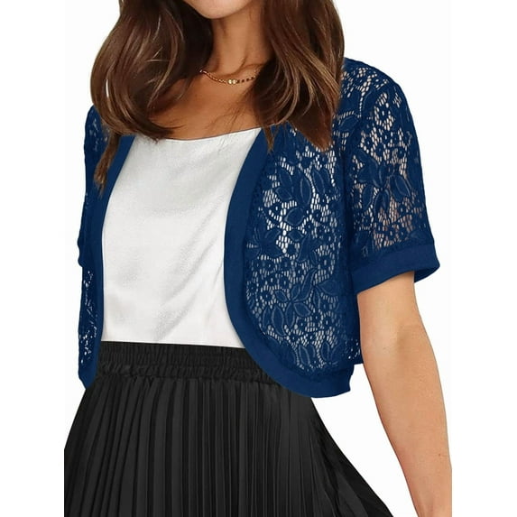 Womens Short Sleeve Shrug Open Front Floral Lace Summer Sheer Cropped Cardigan Navy Blue M