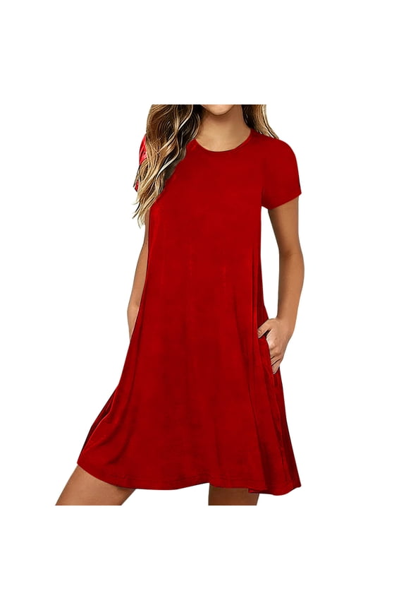 Womens Short Sleeve Sleepshirt Casual Round Neck Nightgowns Soft Comfy Pullover Tunics Nightdress Fashion Plain Spring Summer Night Dresses Relaxed Fit Mid-Thigh Length Sleep Dress with Pockets