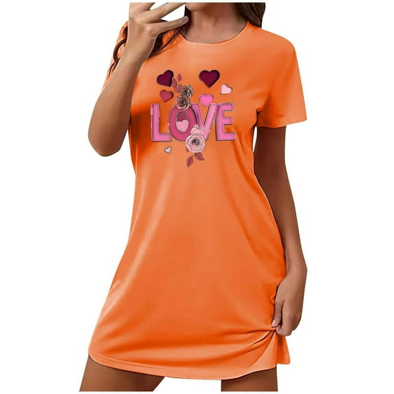Womens Short Sleeve Sleepshirt Round Neck Cute Love Heart Graphic Nightdress Comfy Nightgown for Valentines Day