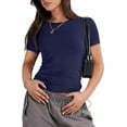 thumbnail image 1 of Womens Short Sleeve Slim Fit Crop Top Going Out Tight-Shirts Summer Basic Tees, 1 of 4