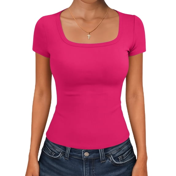 Womens Short Sleeve Square Neck Basic T Shirts Slim Fit Crop Y2k Tee Hot Pink S