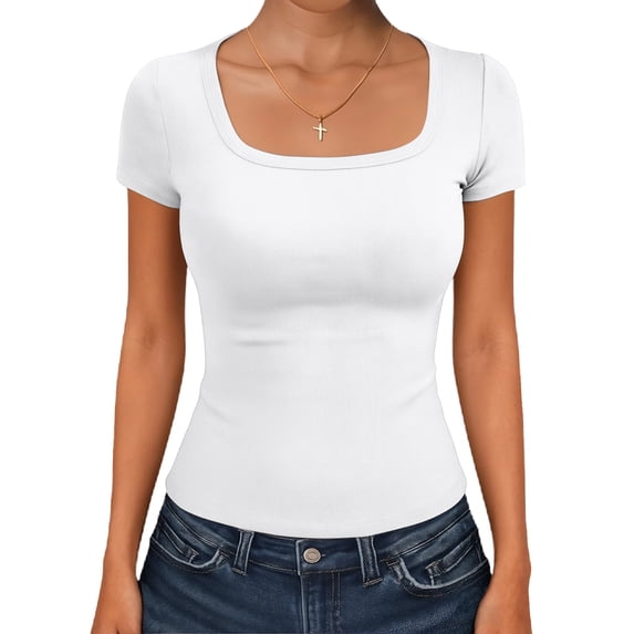 Womens Short Sleeve Square Neck Basic T Shirts Slim Fit Crop Y2k Tee White 2XL