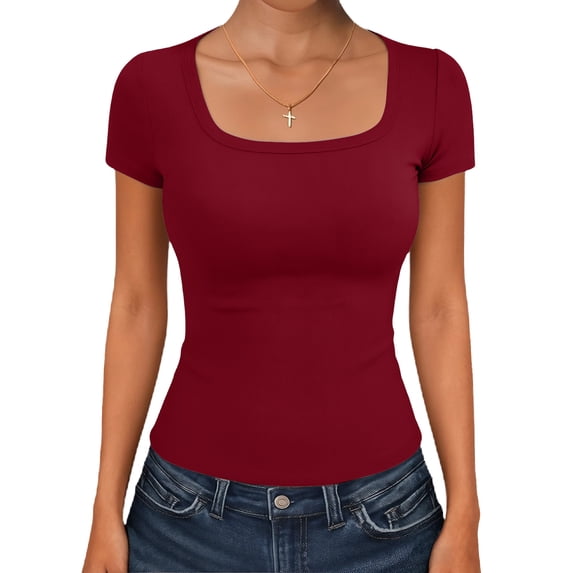 Womens Short Sleeve Square Neck Basic T Shirts Slim Fit Crop Y2k Tee Wine M