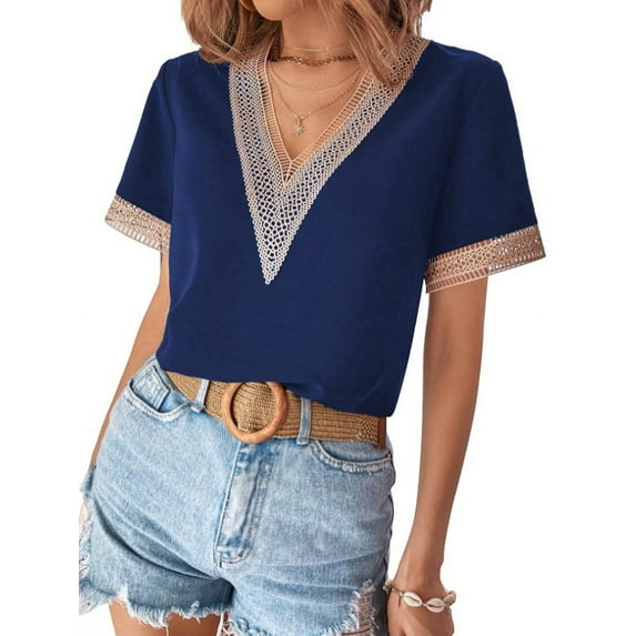 Womens Short Sleeve Summer Tops Lace Trim V Neck Blouses for Women Dressy Casual Shirts L