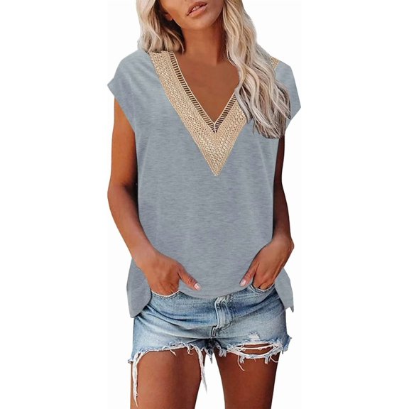 Womens Short Sleeve Summer Tops Trendy Tank Top Lace V Neck Casual Loose Fit Shirts Solid Color Comfy Vintage Beach Tunic T-Shirts