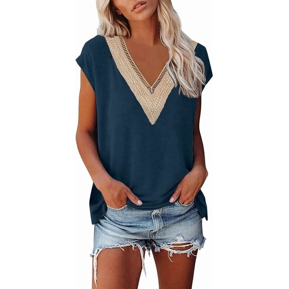 Womens Short Sleeve Summer Tops Trendy Tank Top Lace V Neck Casual Loose Fit Shirts Solid Color Comfy Vintage Beach Tunic T-Shirts