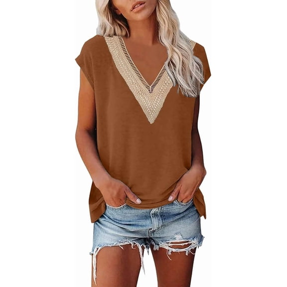Womens Short Sleeve Summer Tops Trendy Tank Top Lace V Neck Casual Loose Fit Shirts Solid Color Comfy Vintage Beach Tunic T-Shirts