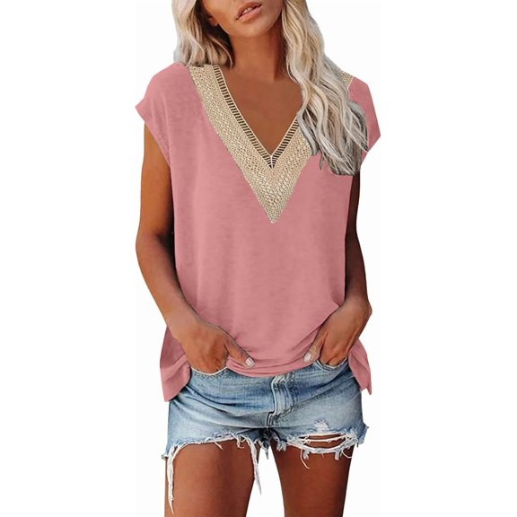 Womens Short Sleeve Summer Tops Trendy Tank Top Lace V Neck Casual Loose Fit Shirts Solid Color Comfy Vintage Beach Tunic T-Shirts