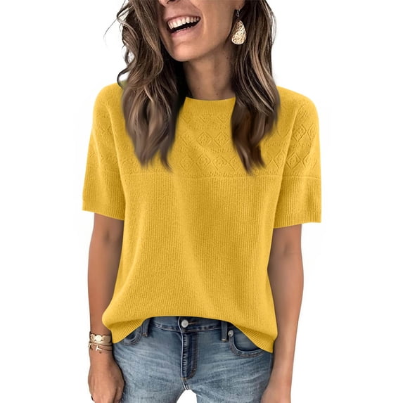 Womens Short Sleeve Sweater Crewneck Spring Summer Knit Tops Lightweight Pullover Sweaters Business Casual Outfits Yellow XXL