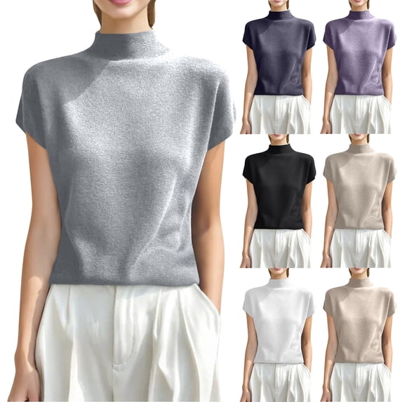 Womens Short Sleeve Sweater Mock Neck Summer Top Dressy Casual Basic Knit Pullover Shirt Gray XL