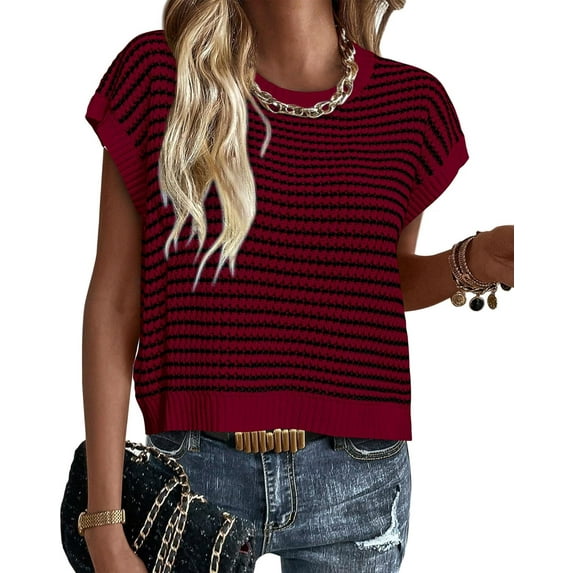 Womens Short Sleeve Sweater Spring Summer 2025 Round Neck Striped Pullover Cap Sleeve Knit Sweater Vest Tops