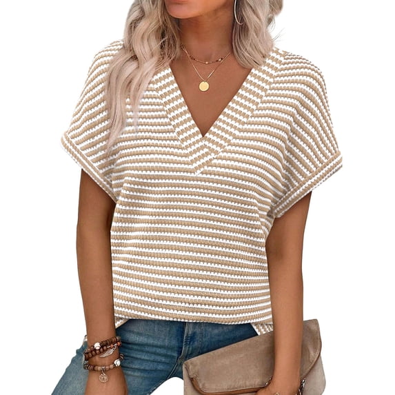 Womens Short Sleeve Sweater Striped Waffle Knit Tops V Neck Spring Summer T Shirts Casual Blouses Outfits Beige S