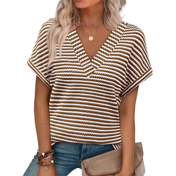 Womens Short Sleeve Sweater Striped Waffle Knit Tops V Neck Spring Summer T Shirts Casual Blouses Outfits Coffee L