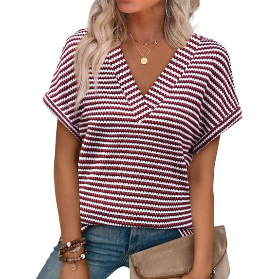 Womens Short Sleeve Sweater Striped Waffle Knit Tops V Neck Spring Summer T Shirts Casual Blouses Outfits Wine XL