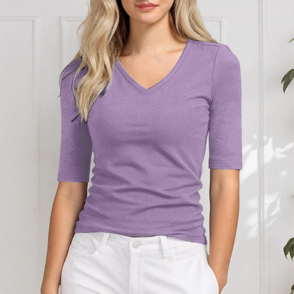 Womens Short Sleeve Sweater Summer V Neck Tops Casual Knit Shirts Lightweight Pullover Top Fashion Mid Sleeve T Shirt(Purple,L/..)
