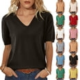 thumbnail image 1 of Womens Short Sleeve Sweater Summer V Neck Tops Casual Knit Shirts Lightweight Pullover Tops Black L, 1 of 5