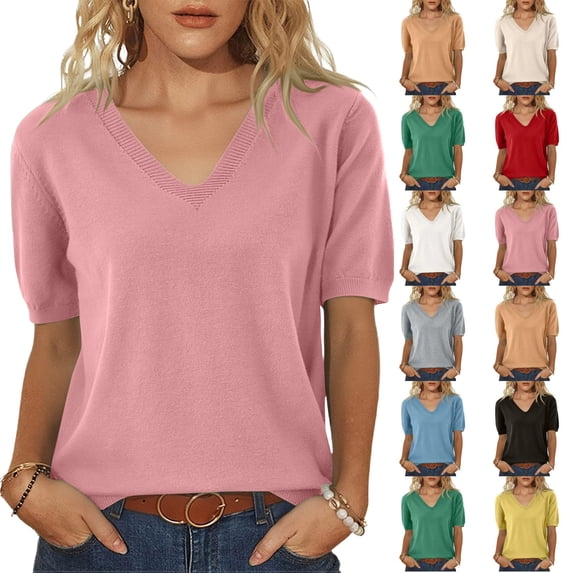 Womens Short Sleeve Sweater Summer V Neck Tops Casual Knit Shirts Lightweight Pullover Tops Pink M