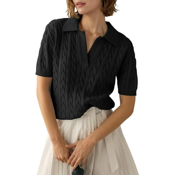 Womens Short Sleeve Sweater Tops Cable Knit Casual Summer V Neck Polo Shirts