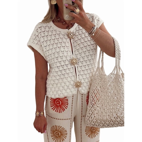 Womens Short Sleeve Sweater Tops Round Neck Hollow Out Crochet Knit Cardigan Summer Casual Button Up Shirts White XL