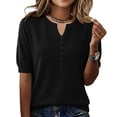 thumbnail image 1 of Womens Short Sleeve Sweater V Neck Lightweight Knit Spring Summer Tops Henley Button Blouses Black L, 1 of 4