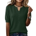 thumbnail image 1 of Womens Short Sleeve Sweater V Neck Lightweight Knit Spring Summer Tops Henley Button Blouses Dark Green M, 1 of 4