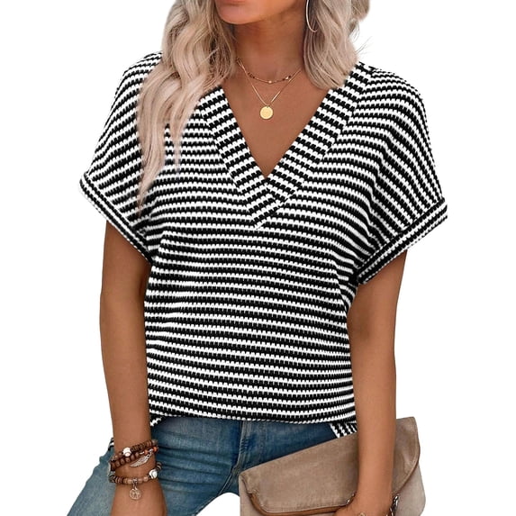 Womens Short Sleeve Sweater Waffle Knit Tops Striped V Neck Spring Summer T Shirts Casual Blouses Outfits Black XL