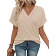 thumbnail image 1 of Womens Short Sleeve Sweater Waffle Knit Tops V Neck Spring Summer T Shirts Casual Blouses Outfits Apricot Color XL, 1 of 8