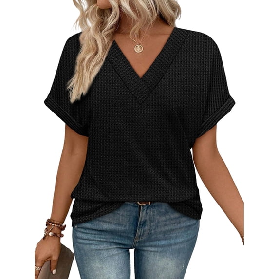 Womens Short Sleeve Sweater Waffle Knit Tops V Neck Spring Summer T Shirts Casual Blouses Outfits Black L