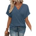thumbnail image 1 of Womens Short Sleeve Sweater Waffle Knit Tops V Neck Spring Summer T Shirts Casual Blouses Outfits Blue L, 1 of 8